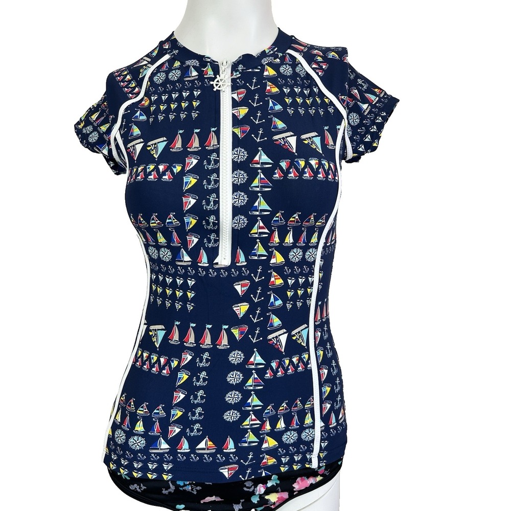 SPERRY Nautical Sailboat Rash Guard Top Size XS Quarter Zip Cap Sleeve Blue EUC